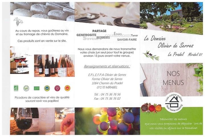 Domaine Olivier de Serres - Brochure générale - Domaine Olivier de Serres - Menus proposés - Recto Domaine Olivier de Serres - Brochure générale - Domaine Olivier de Serres - Menus proposés - Recto